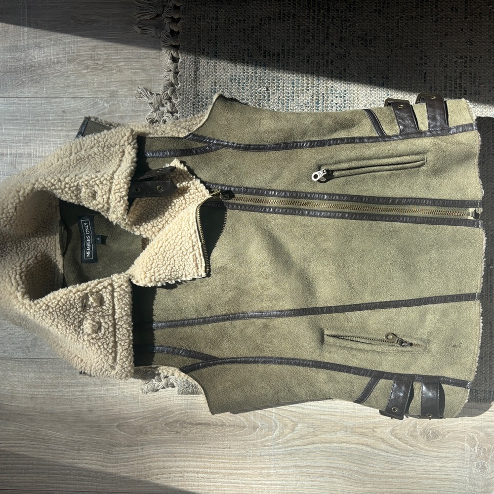 Members Only Olive Shearling Vest with Brown Leather Trim